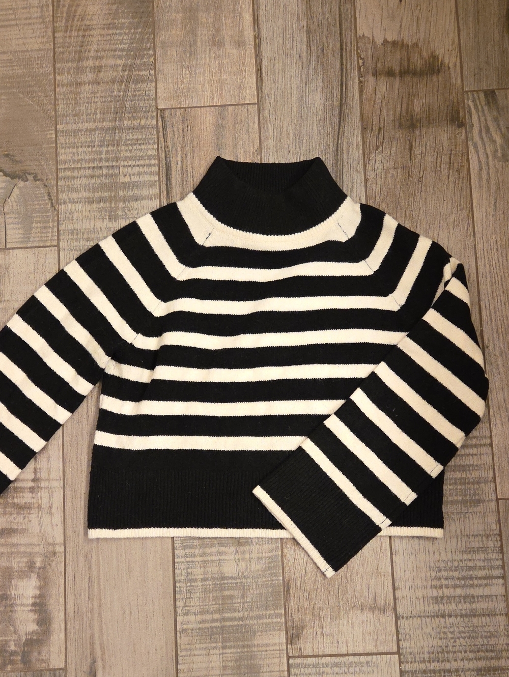Black & White Striped Mock Neck Cropped Women's Sweater